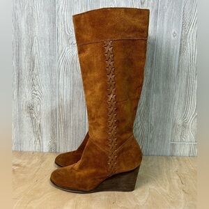 LUCKY BRAND Sanna Bombay Braided Tan Suede Wedge Knee High Riding Boots 9.5